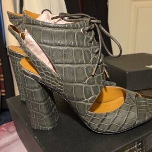 Raoul Charcoal Crocodile-Patterned Lace-Up Heels